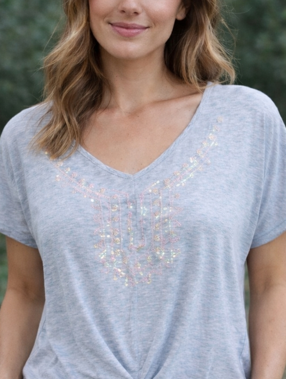 Light Blue V-Neck Tee with Crossover Hem and Sequin Detail